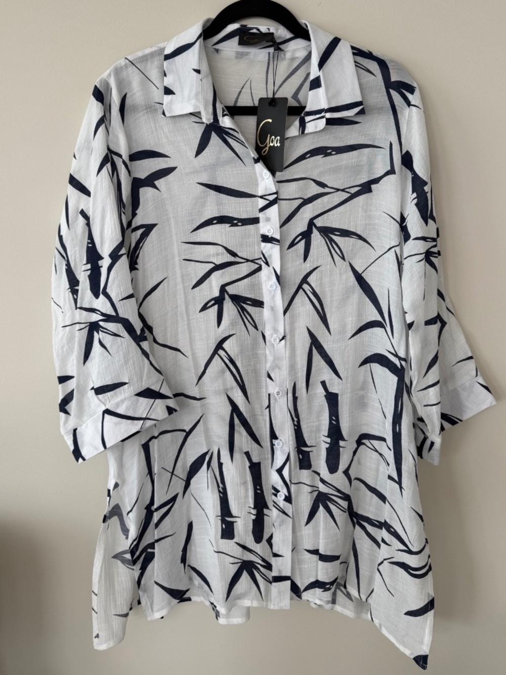 NWT Goa White & Navy Bamboo Print Blouse XL Lightweight Sheer Top
